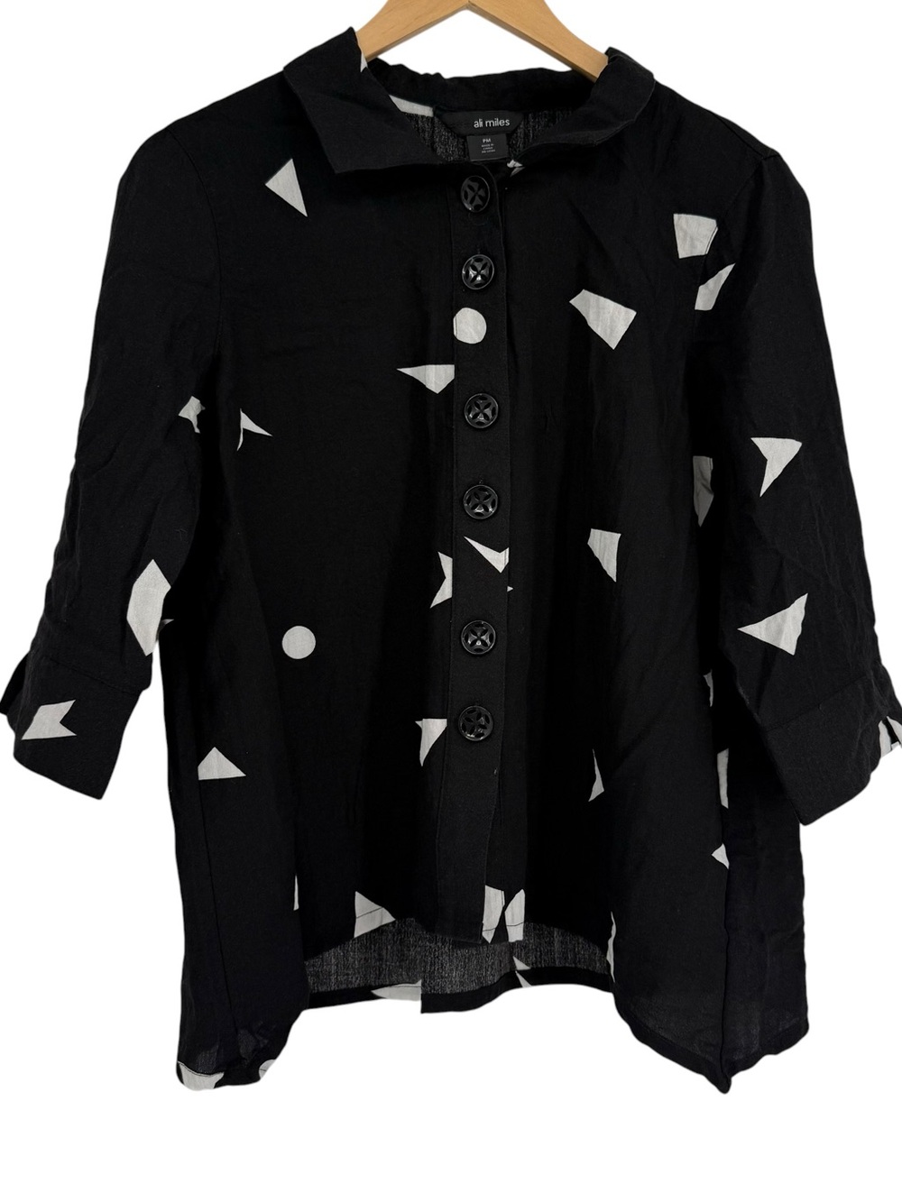 Ali Miles Shirt Womens Size PM Black White Geometric Button Top Artsy Lagenlook